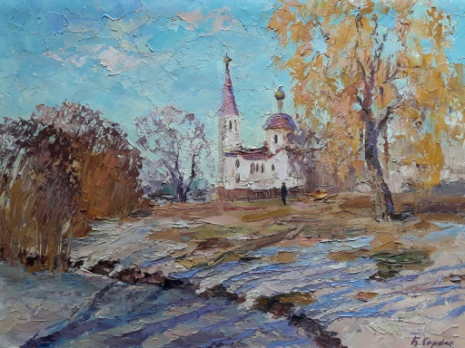 Dipinto a olio originale Paesaggio invernale con un tempio
