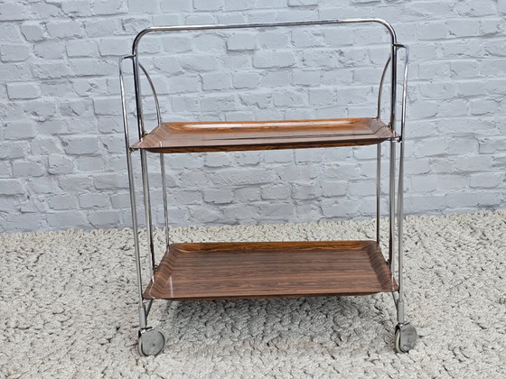 Image 1 of Vintage Design Foldable and Mobile Chrome Steel 2 Faux Wood Layers ‘Dinett’ Serving Trolley by Gerlinol, Germany, 1970s. 