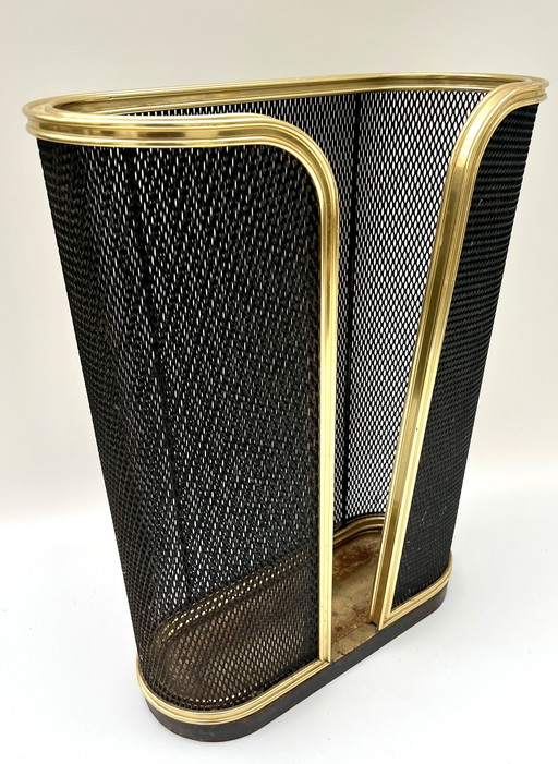 Elegante porta legna/porta giornali – rete metallica con cornice in ottone