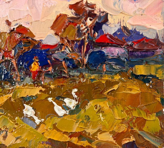 Image 1 of Original Oil Painting Sunset Field Landscape Evening pink clouds