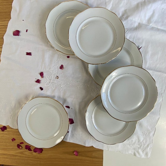 Image 1 of 6 piatti piani antichi in porcellana Lamotte Sologne con doratura vintage