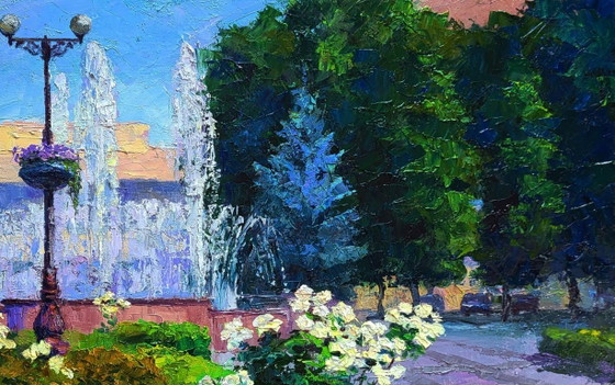 Image 1 of Origineel olieverfschilderij Stadsgezicht Zomer Stadsplein met fonteinen