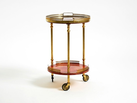Image 1 of Round, small 1960s Aldo Tura serving or bar trolley in red goatskin leather | Made in Italy