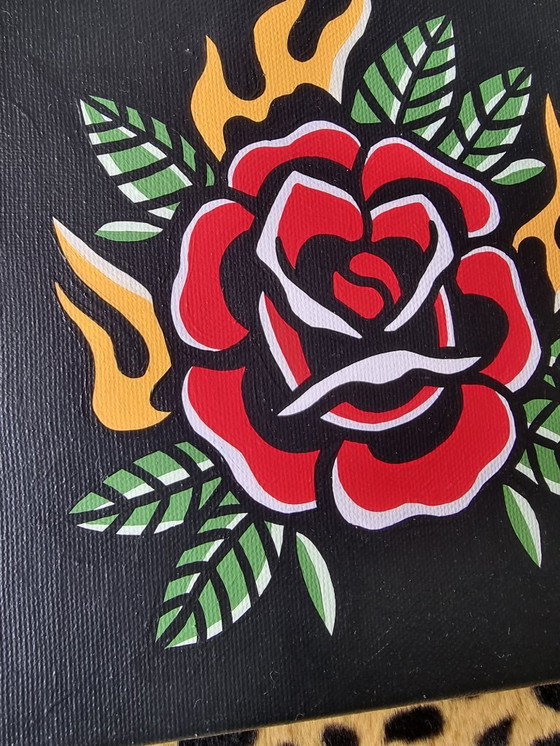 Image 1 of Rosa de estilo tatuaje tradicional pintada a mano de 20 x 20 cm, arte contemporáneo moderno
