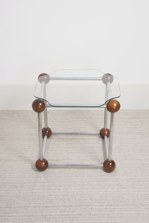  Atomic MCM Side Table Vintage 1970s Mid Century Modern Space Age Chrome Glass Wood Sphere Joints Molecular Coffee Table 