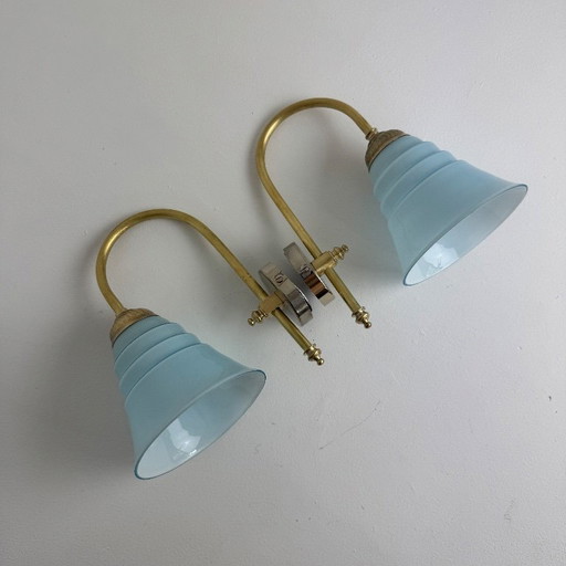 Pair of Antique Vintage Blue Opaline Wall Sconces – wandlampen, Glass (photo 2 of 12)