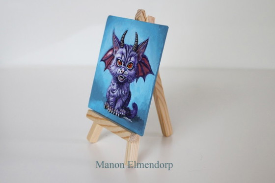 Unique Hand-Painted Fantasy Art Cat Painting, Paintings & Drawings, Canvas, Wood, Purple, Figuratief (photo 4 of 5)