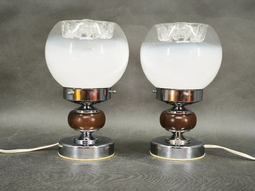 Paar Italiaanse tafellampen van Murano glas, chroom en hout uit de jaren 60