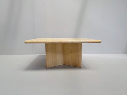 Mesa de centro vintage de travertino: mesa cuadrada de piedra maciza con base en cruz, diseño posmoderno de los años 70.
