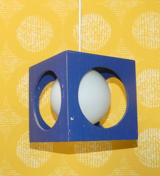 70s hanging lamp cube blue wood opal glass ball "Richard Essig" vintage retro