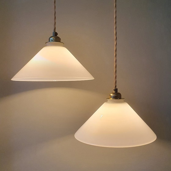 Set Vintage Pendant lamps - Milk glass, banker's lamps. – Metal (photo 5 of 21)
