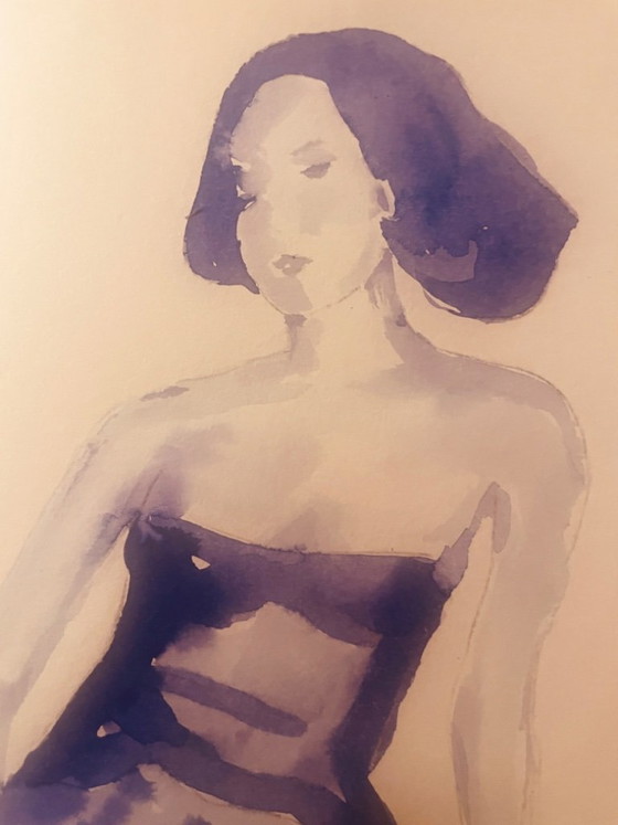 Tableau signé portrait féminin « robe de soirée bleue nuit » – Peintures et dessins, Papier (photo 10 of 10)