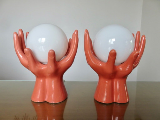 Pair of ceramic "hands" lamps, vintage, 70s' 80s'