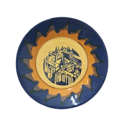 Grande piatto da parete in ceramica dipinto a mano, souvenir vintage della Città Vecchia di Gerusalemme