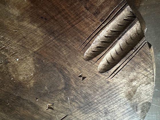 Image 1 of Plat Déco Vintage Bois Massif Sculpté Yin et Yang Diamètre 28 cm