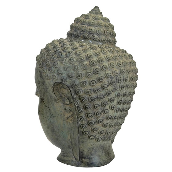 Patinated Bronze Buddha Head in U Thong Style – Thai Art 27 cm – Sculpture (photo 6 of 10)