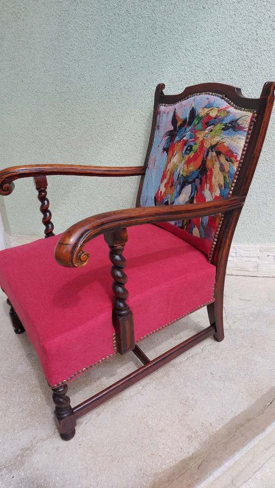 Image 1 of Refurbished Colonial-Style Armchair with Horse Tapestry
