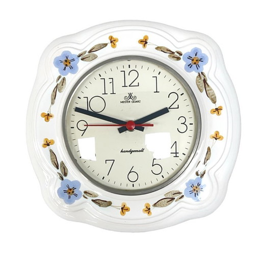 Orologio da parete in ceramica Meister-Quarz - Dipinto a mano, motivi floreali, Germania anni '70/'80