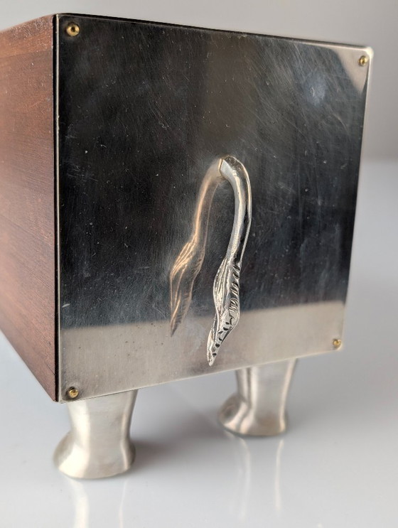 Image 1 of Almazán Rhino Bottle Holder, Mid-Century Modern Wood & Nickel Silver, 1960s