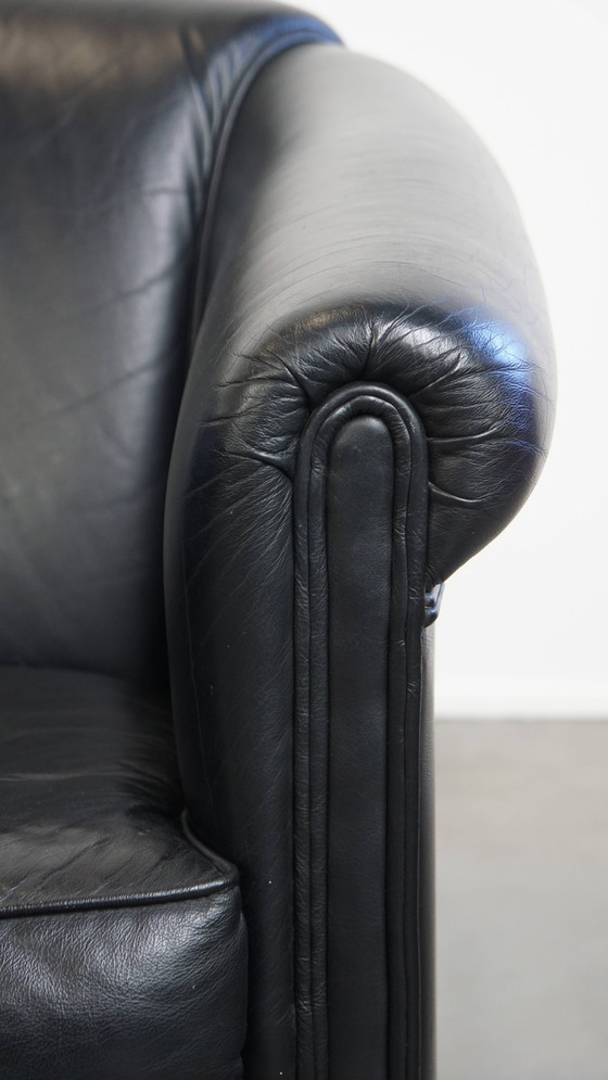 Image 1 of 2 x Zwarte Engelse Stijl Rundleren Clubfauteuil