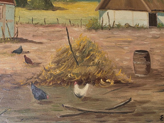 Large Vintage Oil Painting - Sunlit Farmyard with Chickens – Paintings & Drawings, Canvas (photo 11 of 12)