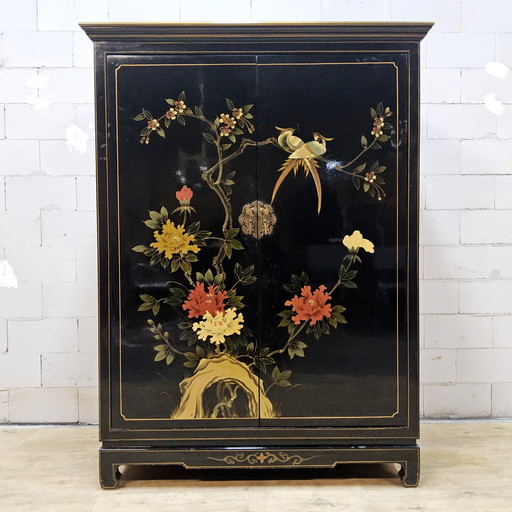 Vintage Chinese zwarte lakkast vogels en bloemen /  bohemian / oosterse / Aziatische kast (bruidskast)