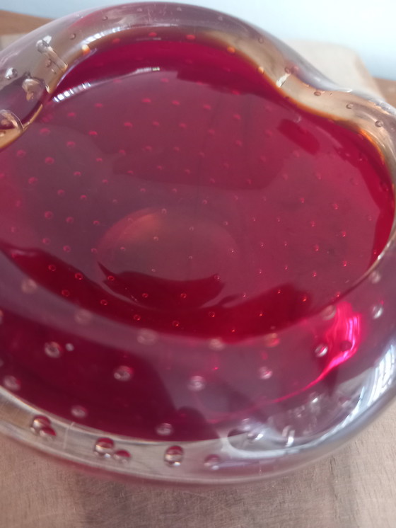 Image 1 of Rare Murano Whitefriars Ashtray/Trinket Dish – Ruby Red Crystal – Controlled Bubbles – Vintage 1960