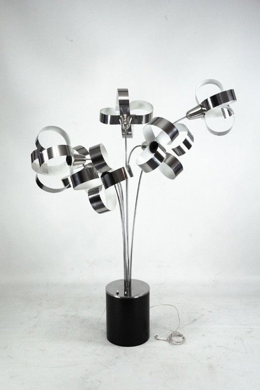 Italian Space Age Floor lamp with metal floral shades. Italy 1970s