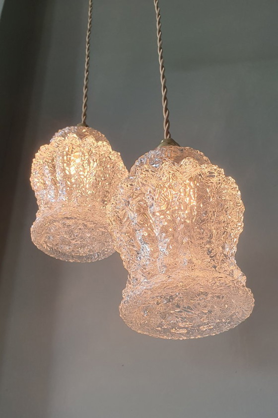 Image 1 of Set Van Twee Vintage Hanglampen Van Dik, Getextureerd Glas