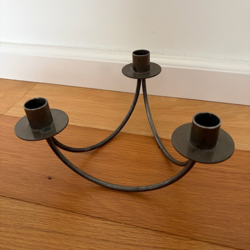 Vintage three-arm metal candle holder, minimalist, 20 cm