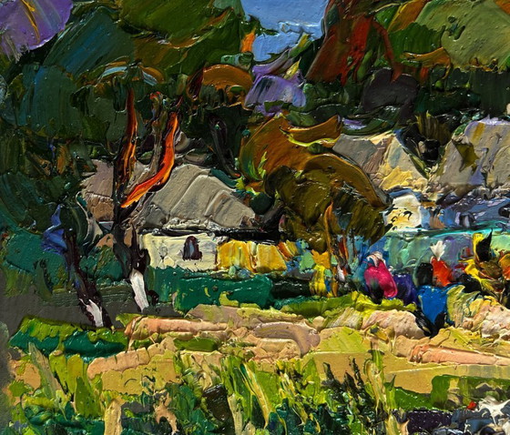Image 1 of Original Oil Painting Summer Coastal Landscape Ducks are swimming along the river