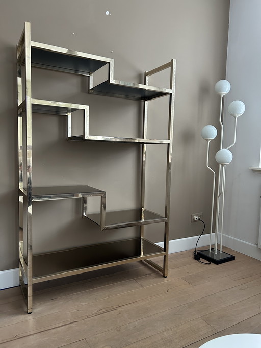 20e-eeuwse Italiaanse etagèreplanken van messing en rookglas, jaren 70