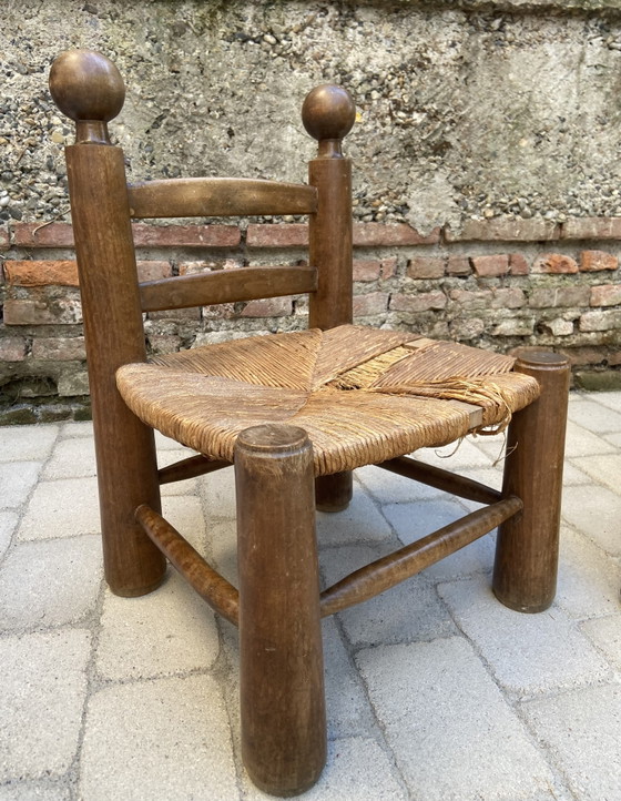Image 1 of Exceptional Pair of French Brutalist Chairs in the Manner of Charles Dudouyt, 1940s – Sculptural Solid Wood & Straw Seats
