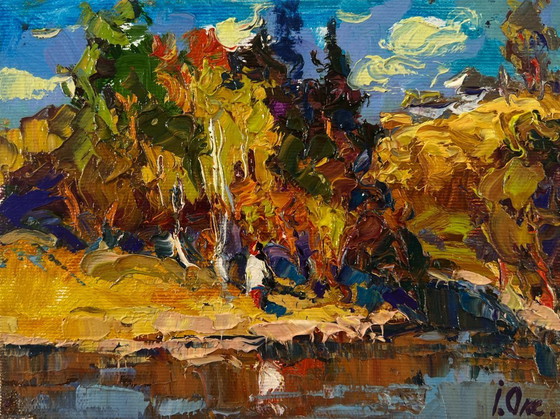Image 1 of Original Oil Painting Autumn Coastal Landscape Over the River