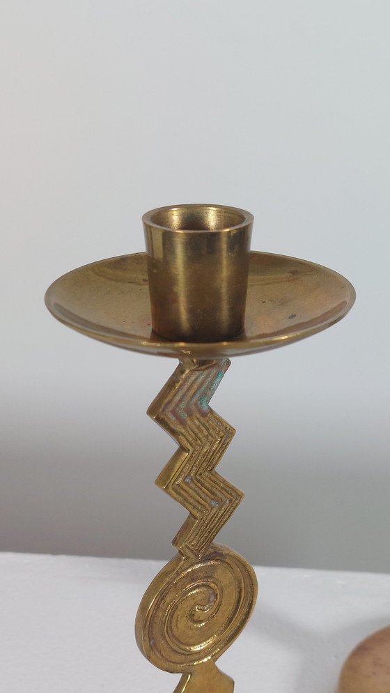 Image 1 of Pair of patinated vintage brass candlesticks, Memphis style, 1980s