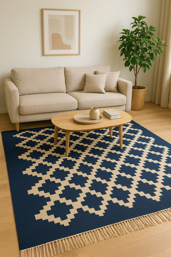 Image 1 of Senon-Kilim-Teppich 160 × 230 cm - Handgefertigt in Ägypten - Blauer Diamant, Flachgewebe