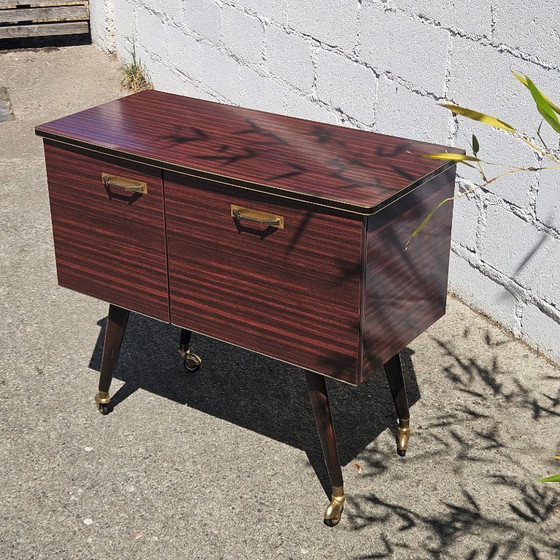 Image 1 of Mid-Century Formica Bar Trolley - Bar Cabinet - Mahogany Style - 60s