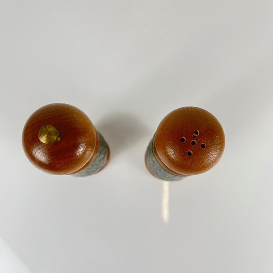 Image 1 of Grünes Keramik-Salz- und Pfefferstreuer-Set sowie Salatbesteck, 1970