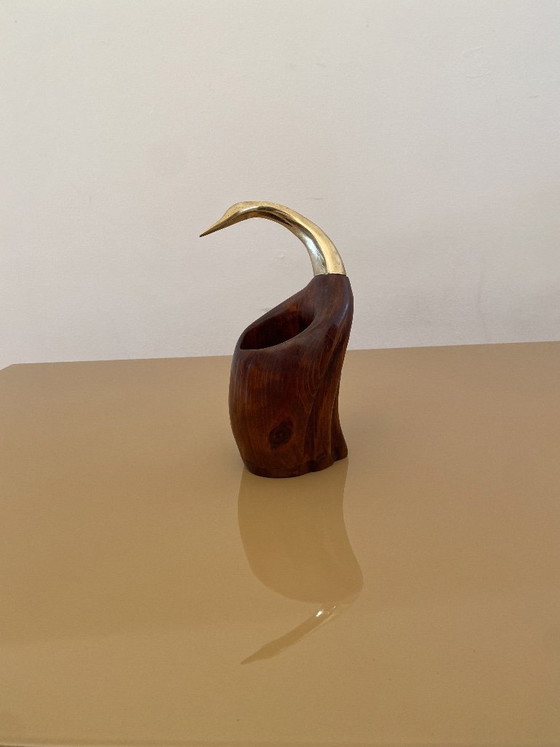 Image 1 of De Stijl Firenze Portabottiglie Legno Metallo Ottone Scultura Uccello anni '70