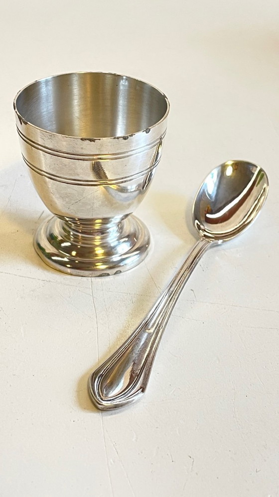 Image 1 of Vintage Silver-Plated Metal Egg Cup and Spoon for Birth