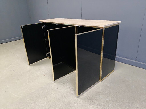 Vintage Black Lacquered and travertine credenza, 1980s
