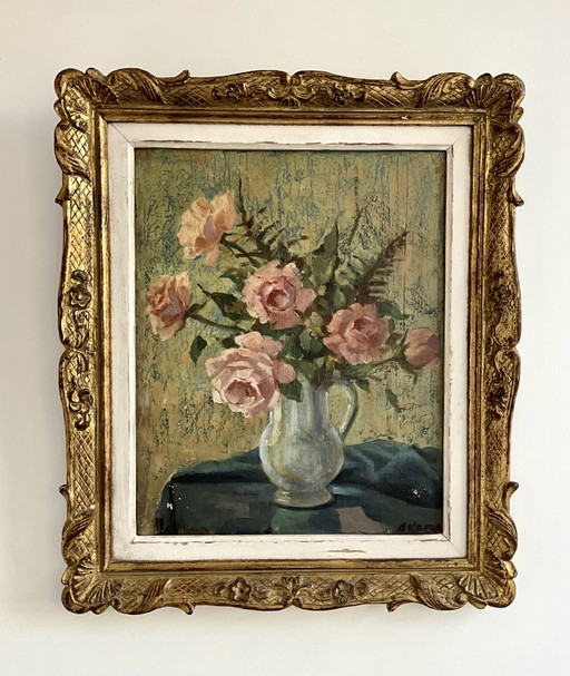 Oil Painting Roses in Vase, Signed Akar ?, Mid Century, Gilt Frame