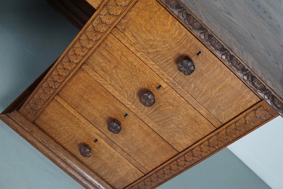 Image 1 of Antiker niederländischer Jugendstil-Schreibtisch/-Theke aus geschnitzter Eiche, frühes 20. Jahrhundert