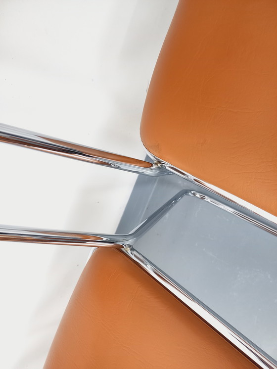 Image 1 of Set di 4 sedie a slitta vintage degli anni '70 in metallo cromato e similpelle color cognac