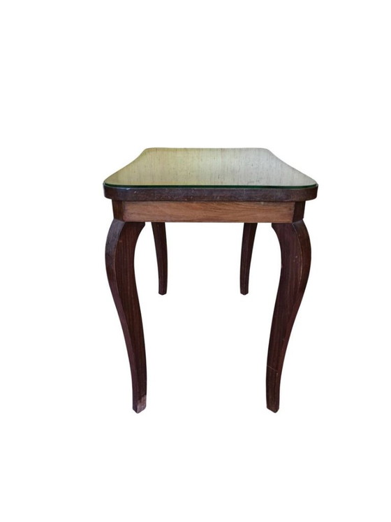 Tavolino vintage in legno scuro con piano in vetro e gambe curve. – Tavolini, Glass, Wood (photo 5 of 5)