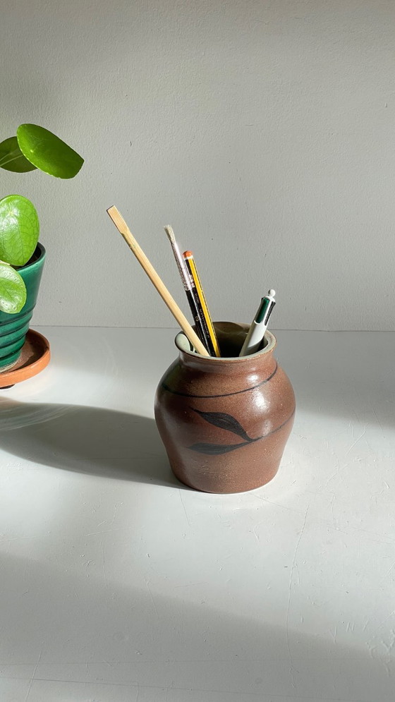 Image 1 of Vintage Signed Handcrafted Stoneware Vase