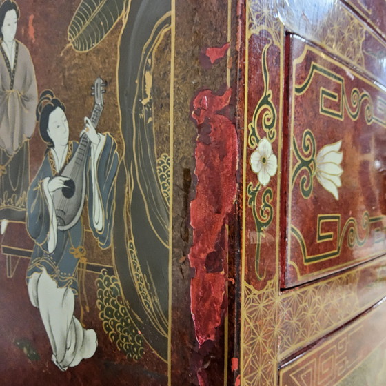 Image 1 of Mobile cinese d'epoca rosso e oro / scena tradizionale / signore in giardino cinese (mobile bohémien, mobile orientale)