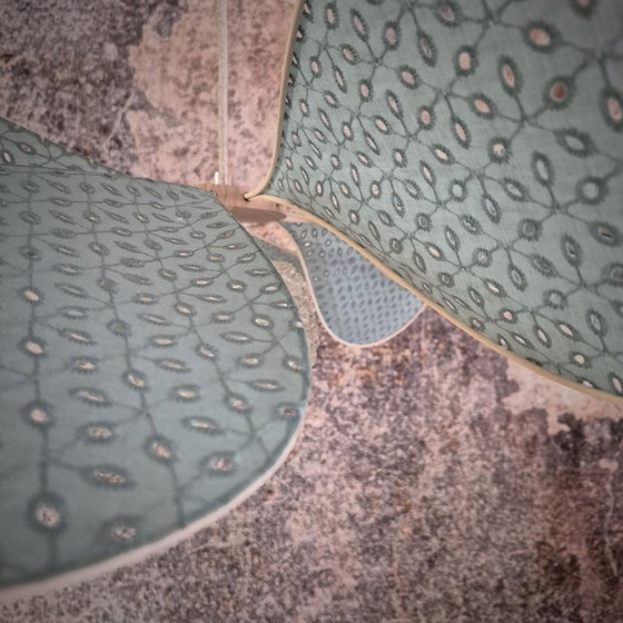 Image 1 of 12-blade hanging lamp in rattan and sage embroidery with vintage chased glass globe