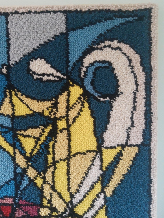 Image 1 of Wunderschönes, großes Retro-Textilkunstwerk aus Wolle aus Smyrna mit dem Titel „Verkündigung“.