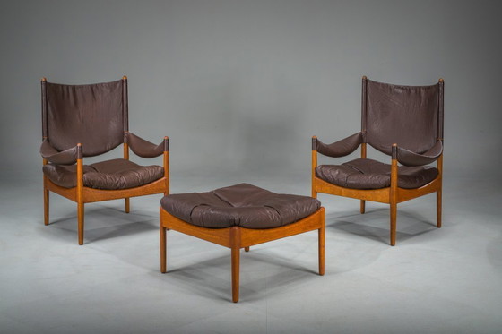 Image 1 of  Mid-Century Modern Danish Oak and Leather Lounge Chairs with Ottoman by Kristian Vedel for Søren Wiladsen, 1960s, Set of 3